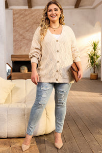 Gray Plus Size Knitted Hollow out Button up Cardigan