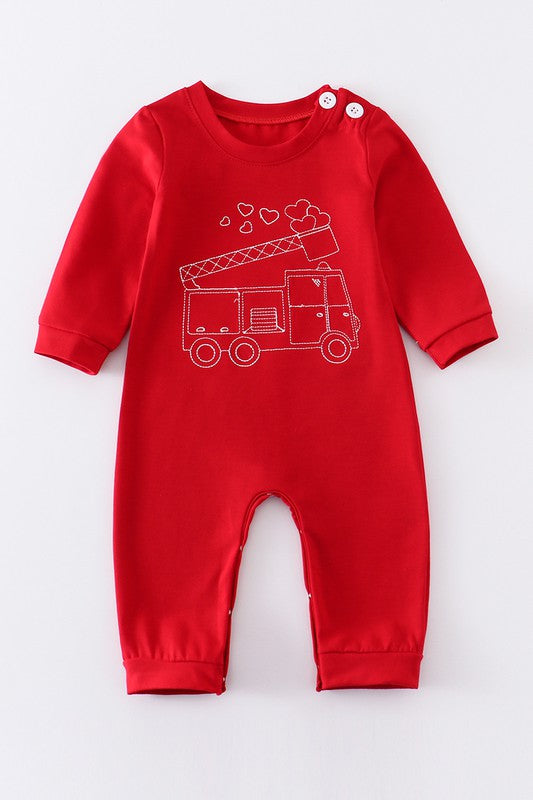 Red valentine's day truck embroidery boy romper