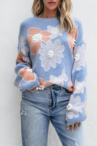 Beau Blue Floral O Neck Drop Shoulder Knitted Sweater