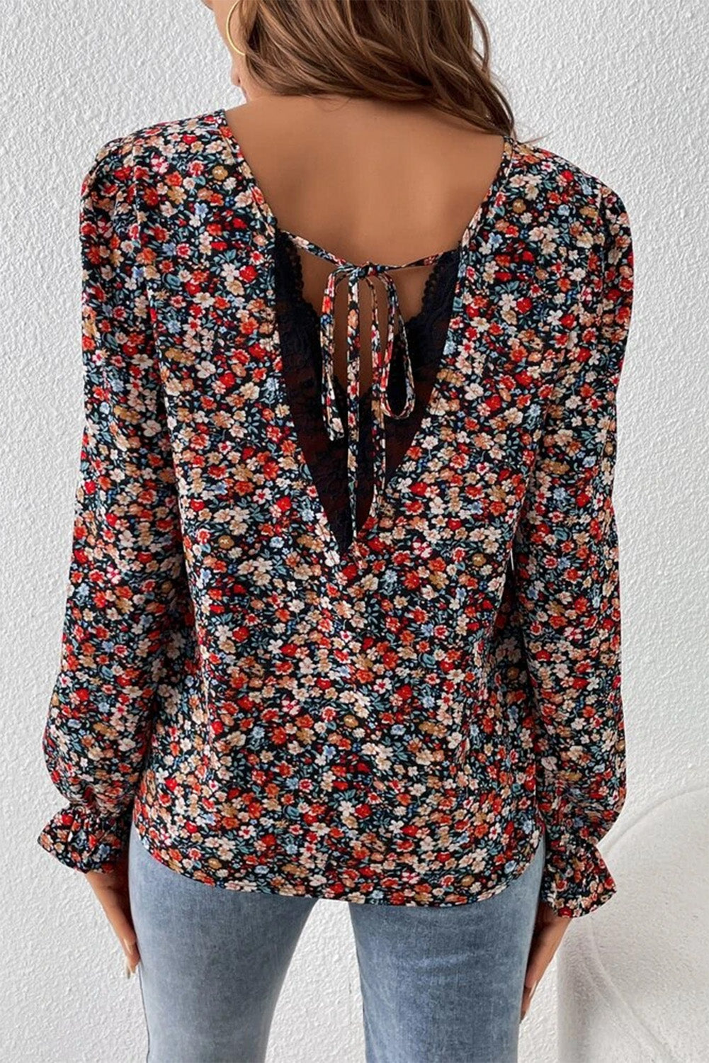 Red V Cut Lace Patch Tie-up Ruffled Puff Sleeve Floral Blouse