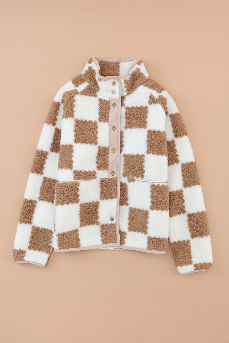 Brown Checked Snap Button Sherpa Jacket