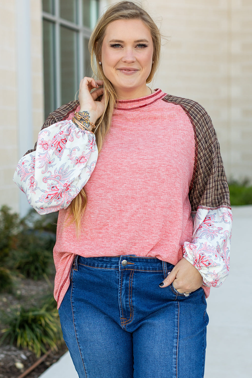 Pink Checkered Paisley Patchwork Raglan Sleeve Seamed Plus Size Top