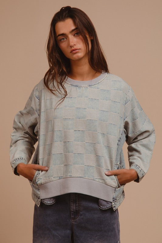 BiBi Mineral Washed Checkered Round Neck Denim Top