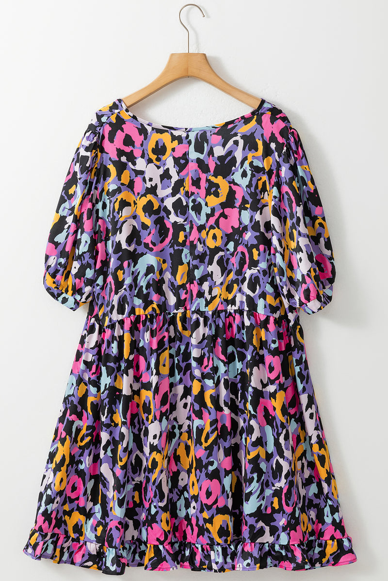 Purple Leopard Print Ruffled V Neck Plus Size Mini Dress