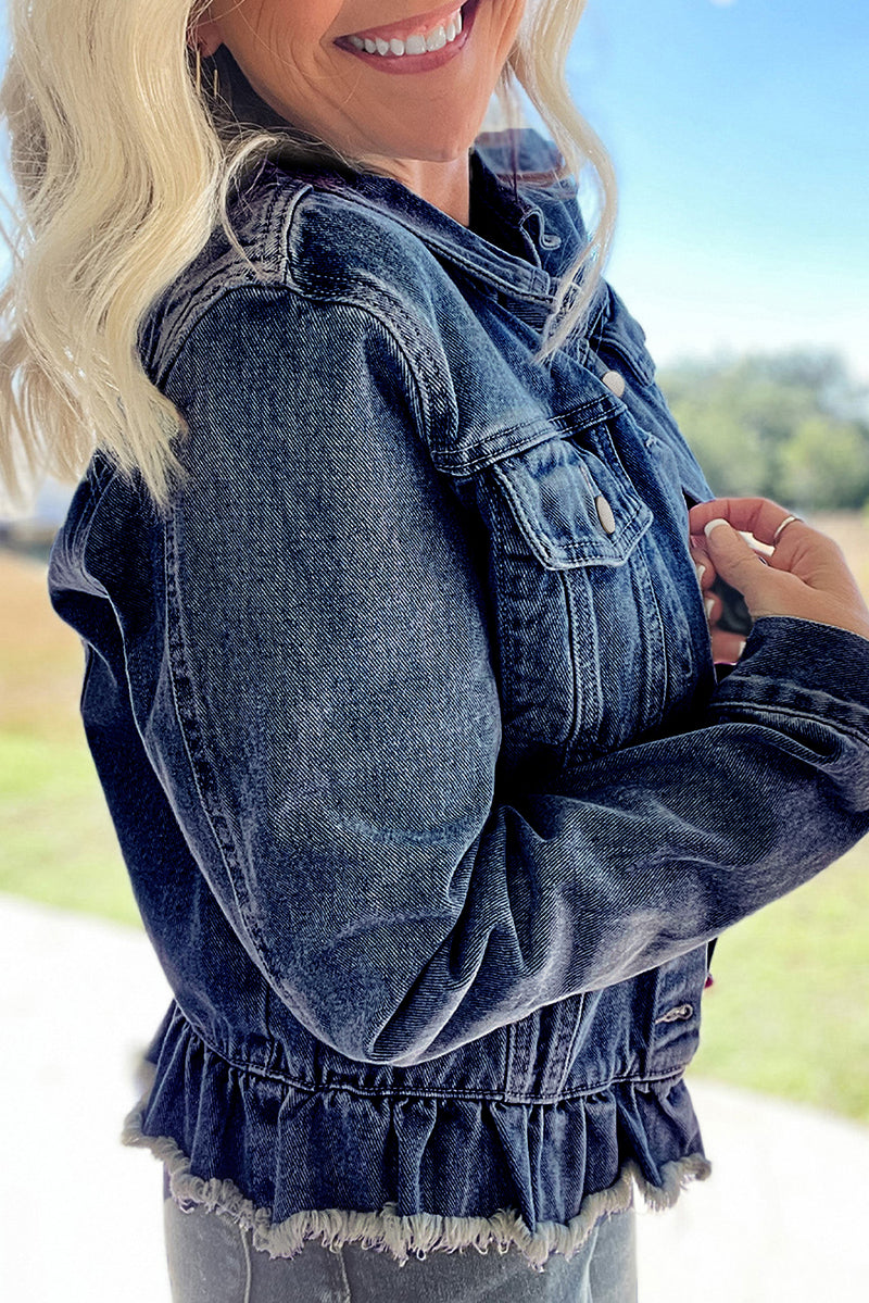 Navy Blue Ruffle Raw Hem Flap Pockets Denim Jacket