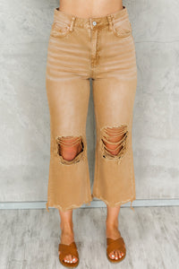 Brown Distressed Hollow-out High Waist Cropped Flare Jeans