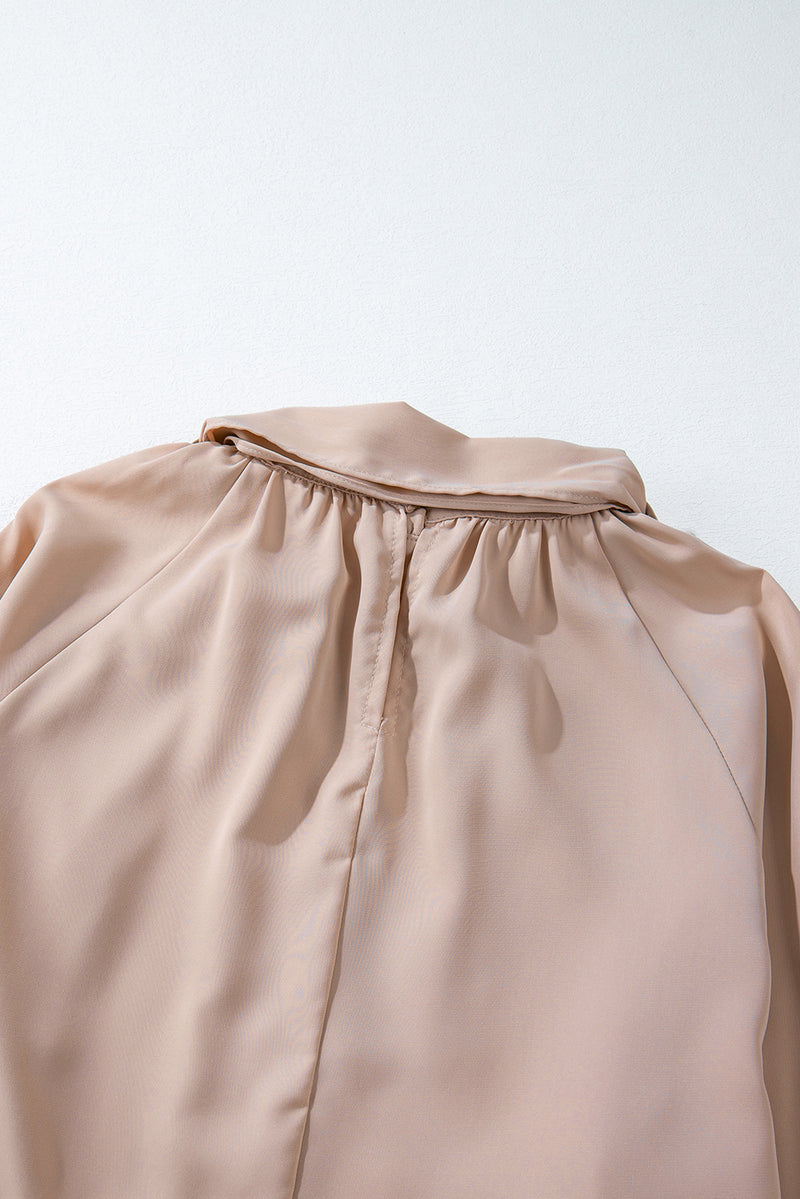 Pink Frilled Knotted Mock Neck Bishop Sleeve Blouse