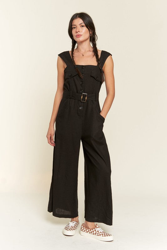 SLEEVELESS SQUARE NECK BUTTON DOWN ANKLE JUMPSUIT