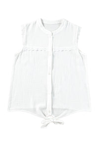 White Lace Trim Crinkle Knot Hem Sleeveless Shirt