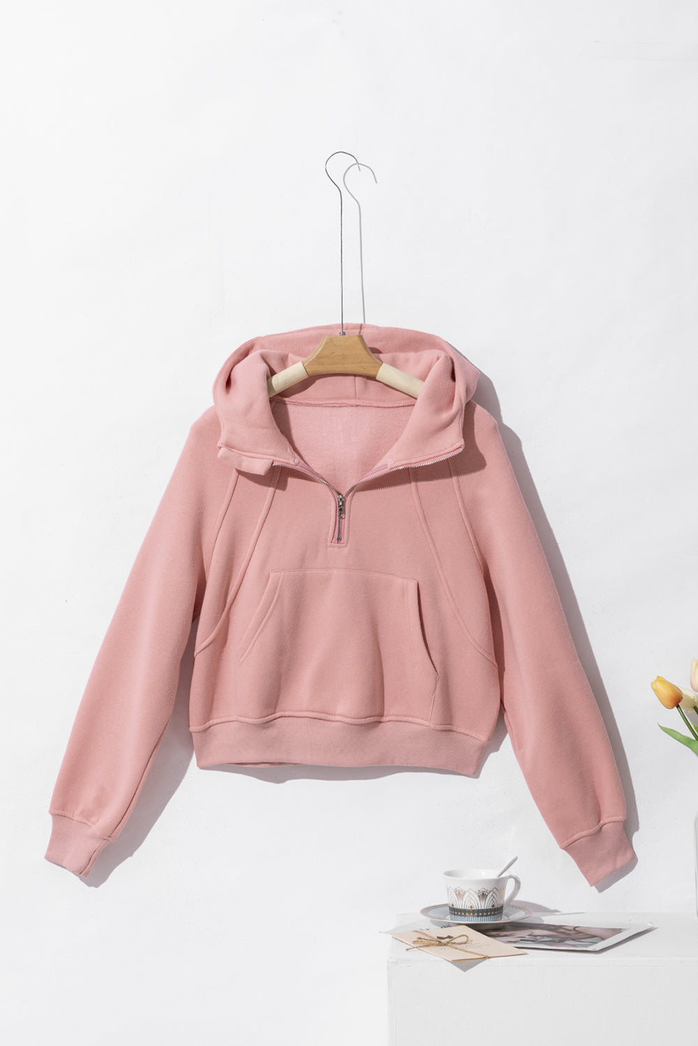 Pink Quarter Zip Kangaroo Pocket Hoodie