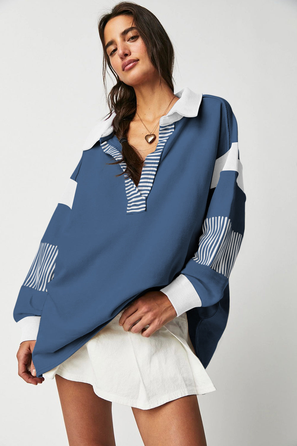 Sail Blue Striped Colorblock Patchwork Collar Sweatshirt