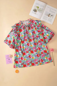 Multicolour Plus Size Floral Print Ruffle V Neck Bubble Sleeve Blouse