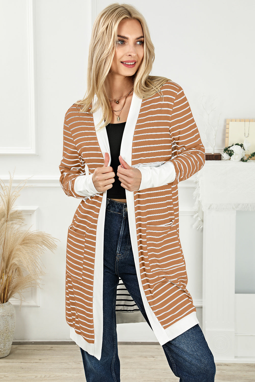 White Extended Long Sleeve Plus Size Striped Cardigan