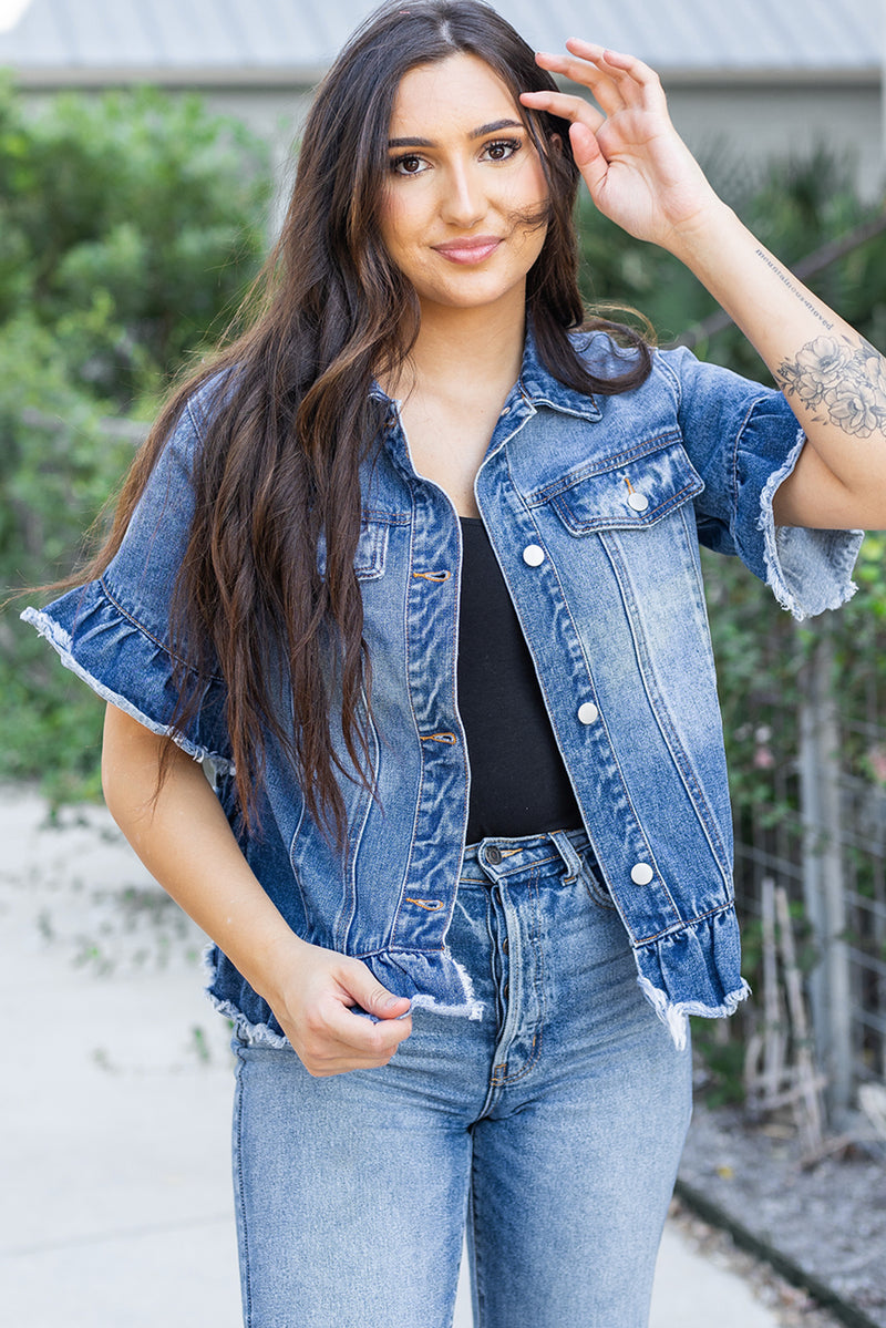 Peacock Blue Raw Edge Ruffled Short Sleeve Denim Jacket