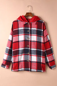 Orange Hooded Plaid Button Front Shacket