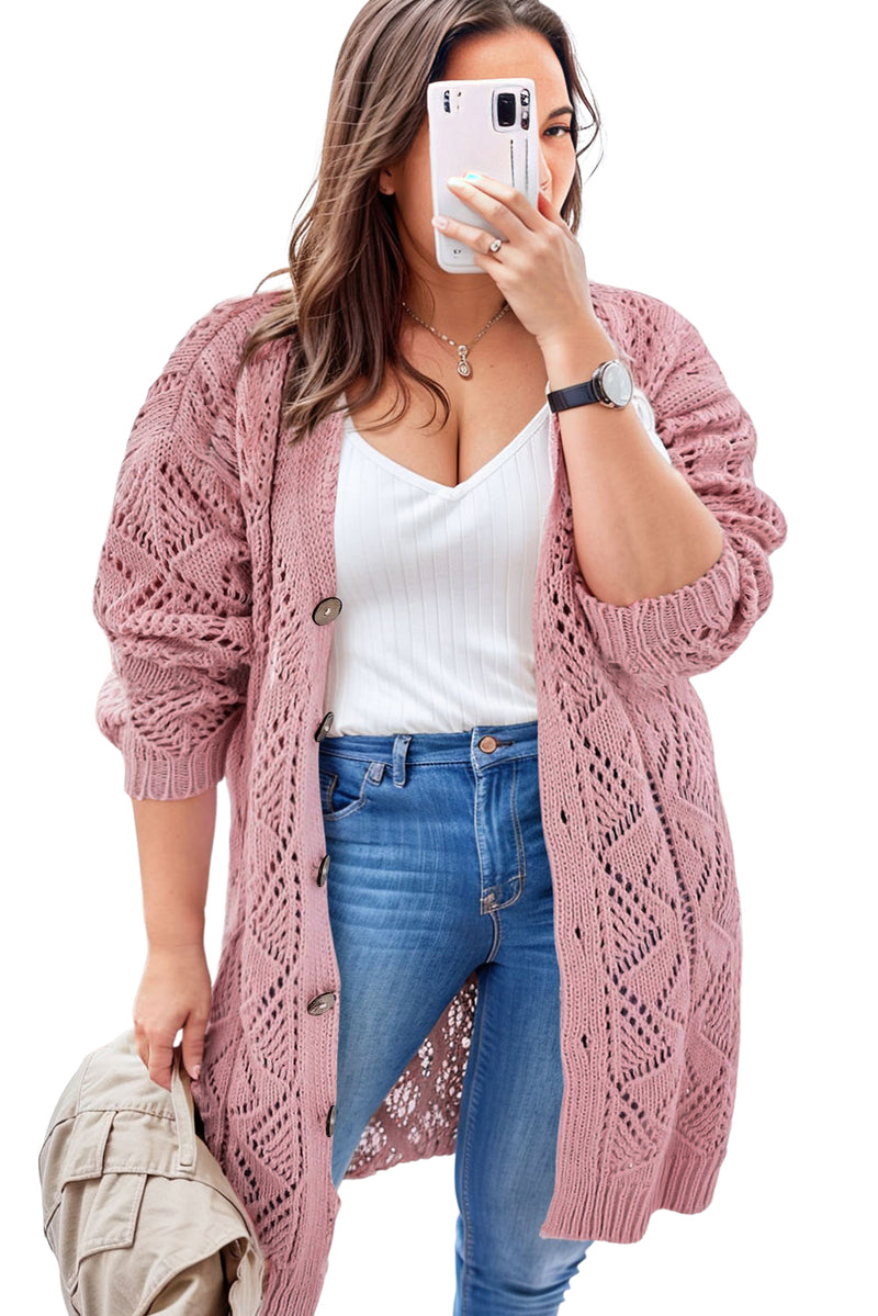 Pink Open Knit Button-Up Plus Size Cardigan