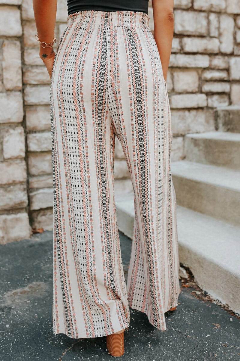 White Geometric Pattern Shirred Wide Leg Pants