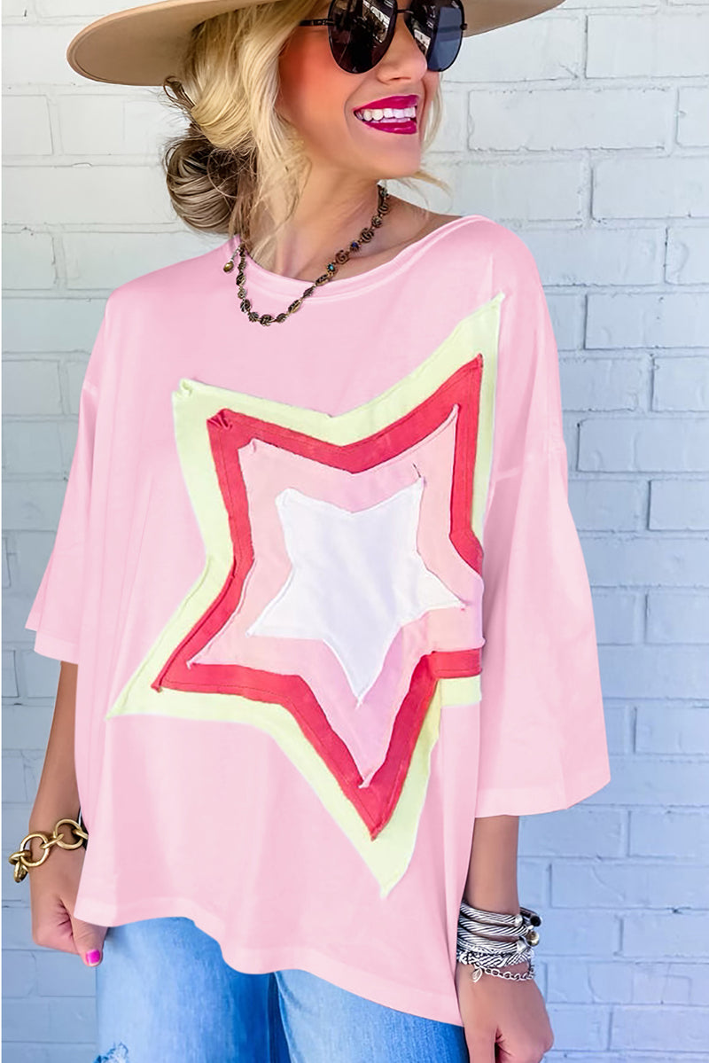 Moonlight Jade Colorblock Star Patched Half Sleeve Oversized Tee