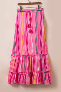 Pink Boho Printed Tasseled Drawstring Ruffled Maxi Skirt