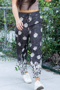 Black Bohemian Printed Drawstring Waist Wide Leg Pants