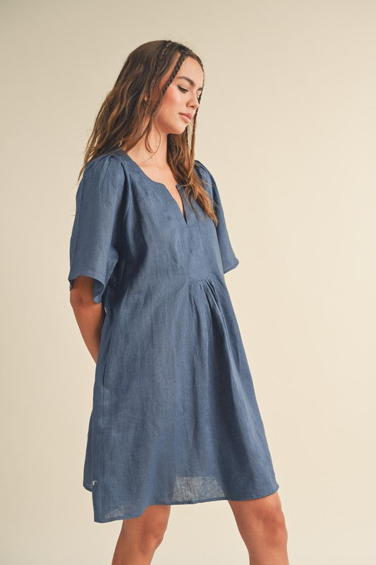 V-NECK DETAIL PLEATED DETAIL SLEEVE LINEN DRESS