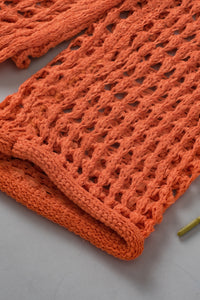 Orange Open Knit Crochet Bell Sleeve Tunic Sweater