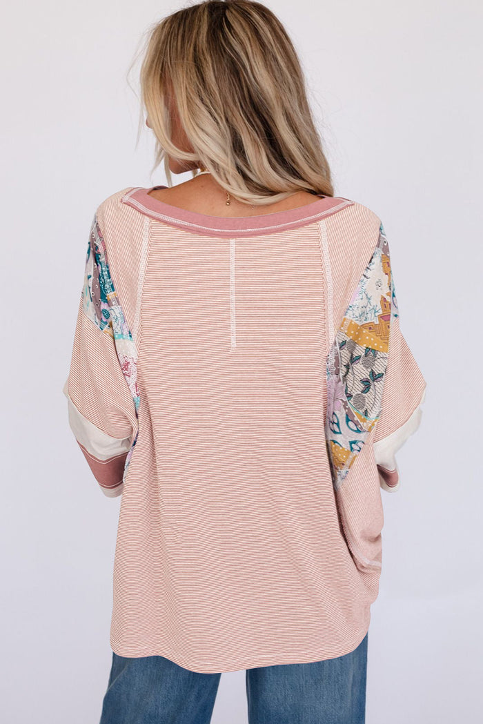 Pink Printed Pinstriped Color Block Patchwork Oversized Top