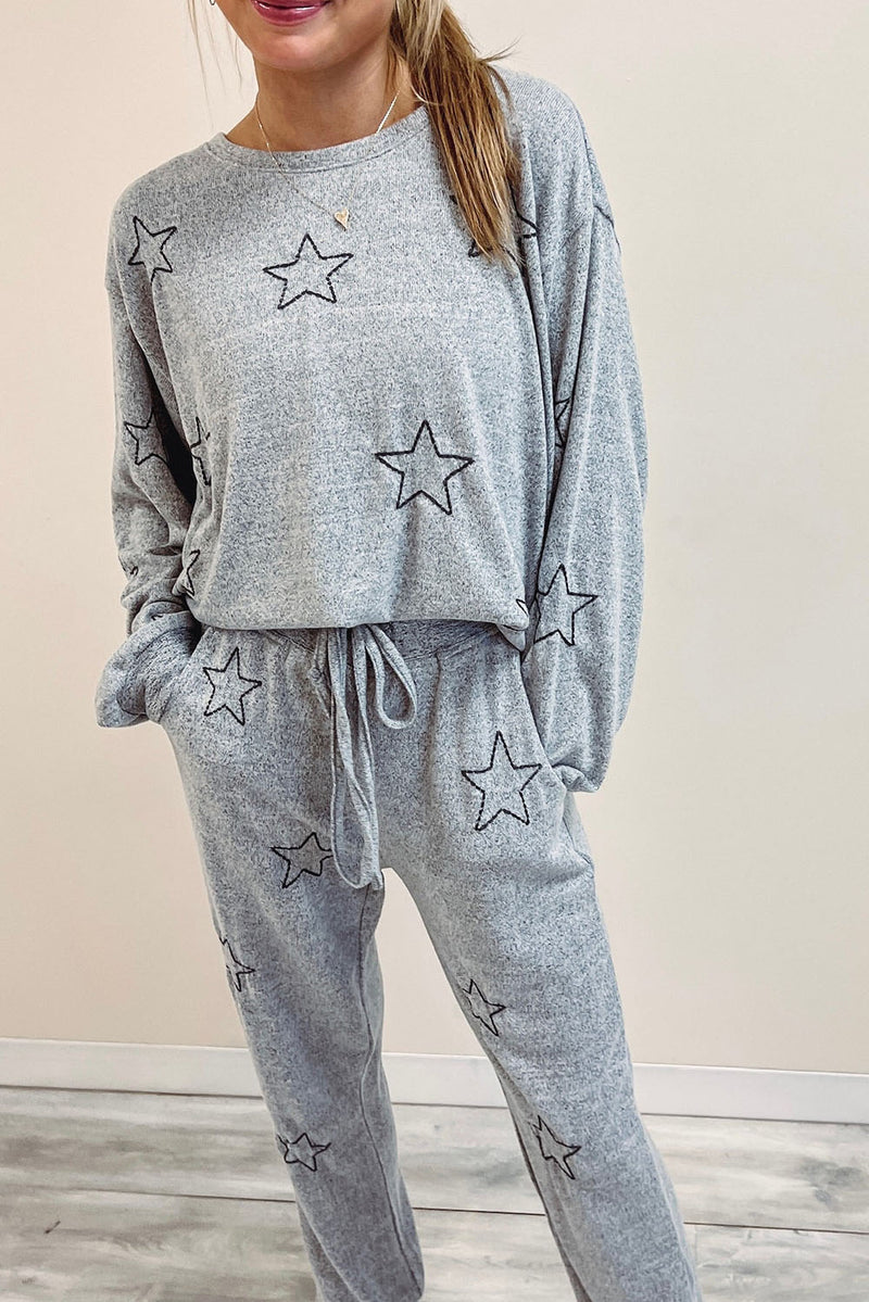 Gray Stars Print Long Sleeve Drawstring High Waist Lounge Set