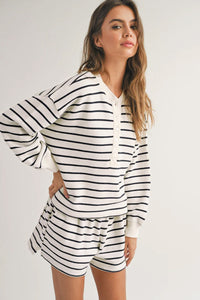 Black white Stripes Printed Half Button Long Sleeve Top and Shorts Set