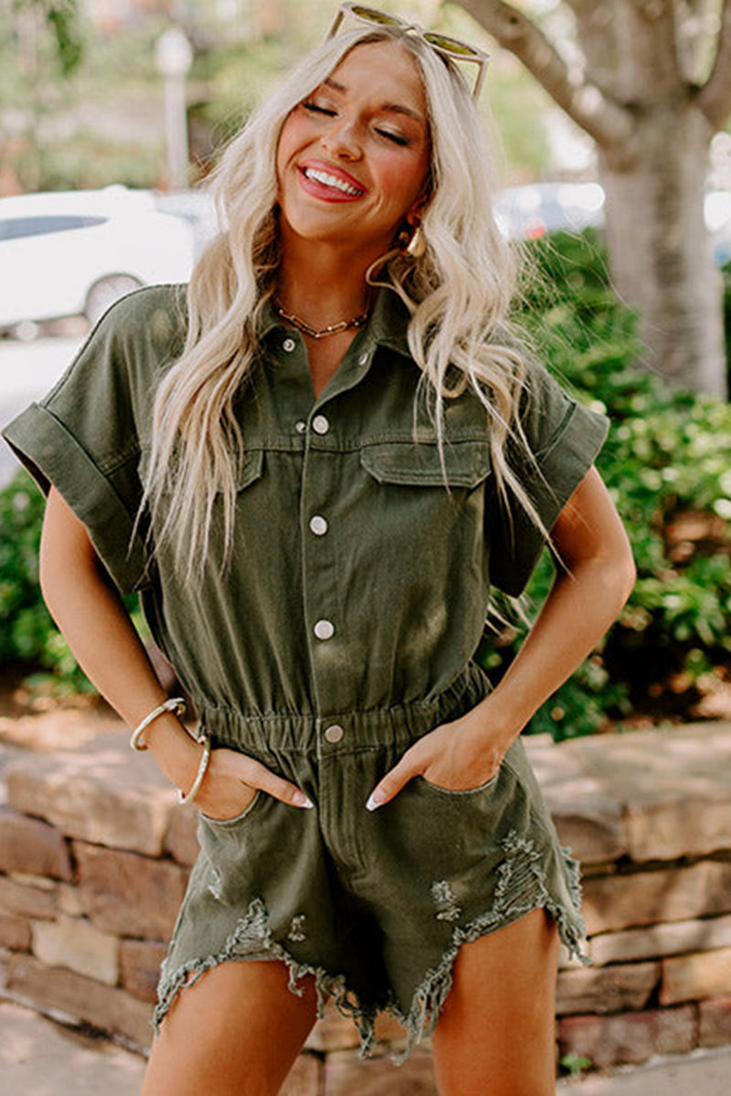 Moss Green Distressed Frayed Denim Romper