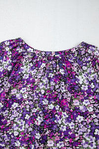 Purple Boho Flower Split V Neck Bubble Sleeve Blouse