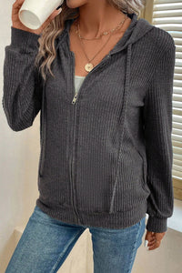 Dark Grey Ribbed Zip Up Front Drawstring Hoodie