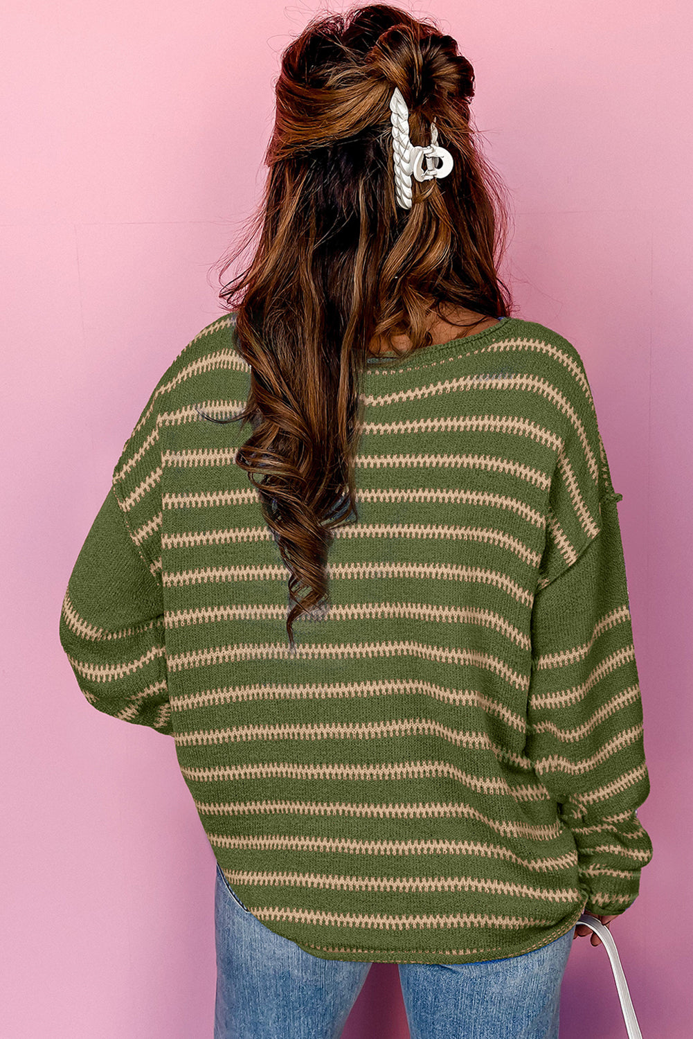 Green Stripe Drop Shoulder Casual Sweater