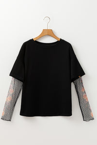 Black Faux Two Piece Floral Long Sleeve Patchwork Tee