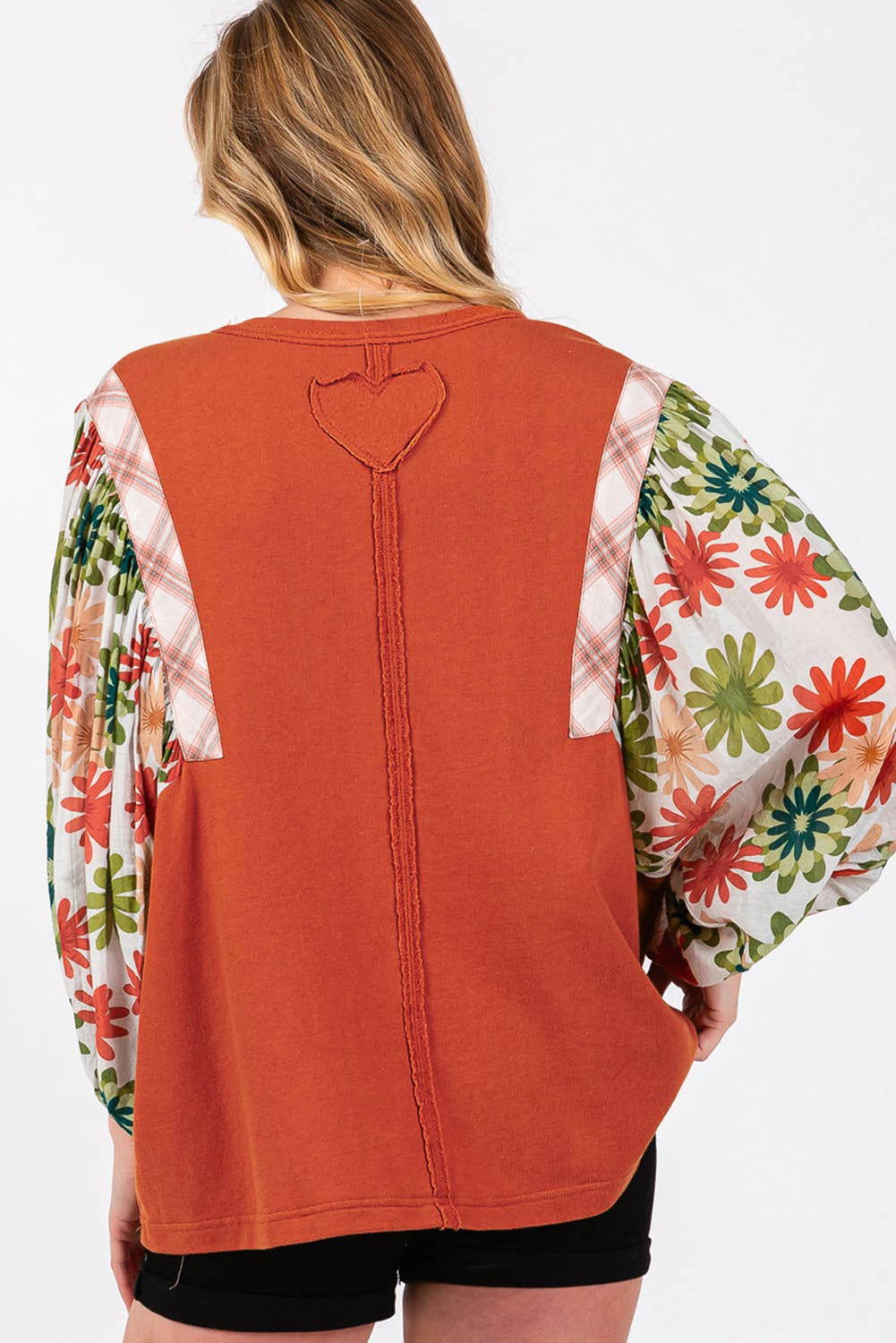 Desert Gold Floral Puff Sleeve Patchwork Round Neck Blouse