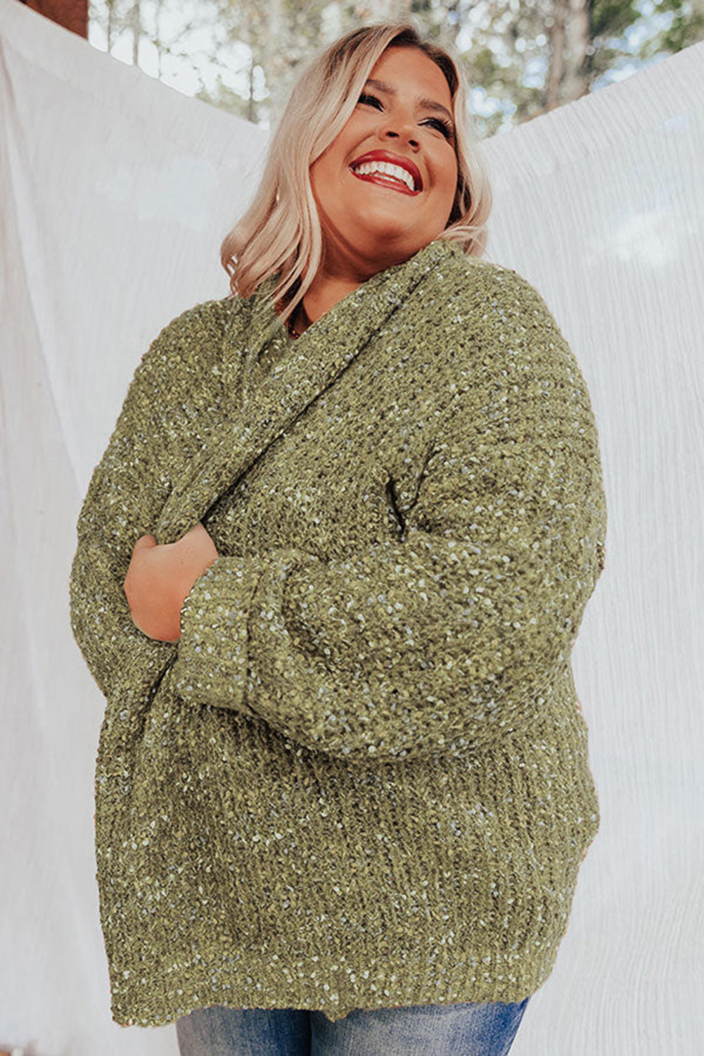 Sage Green Open Front Knit Plus Size Cozy Cardigan