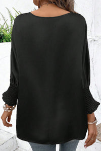 Black Shirred Dolman Sleeve Satin Blouse