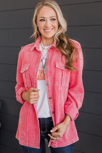 Pink Buttoned Flap Pocket Corduroy Jacket