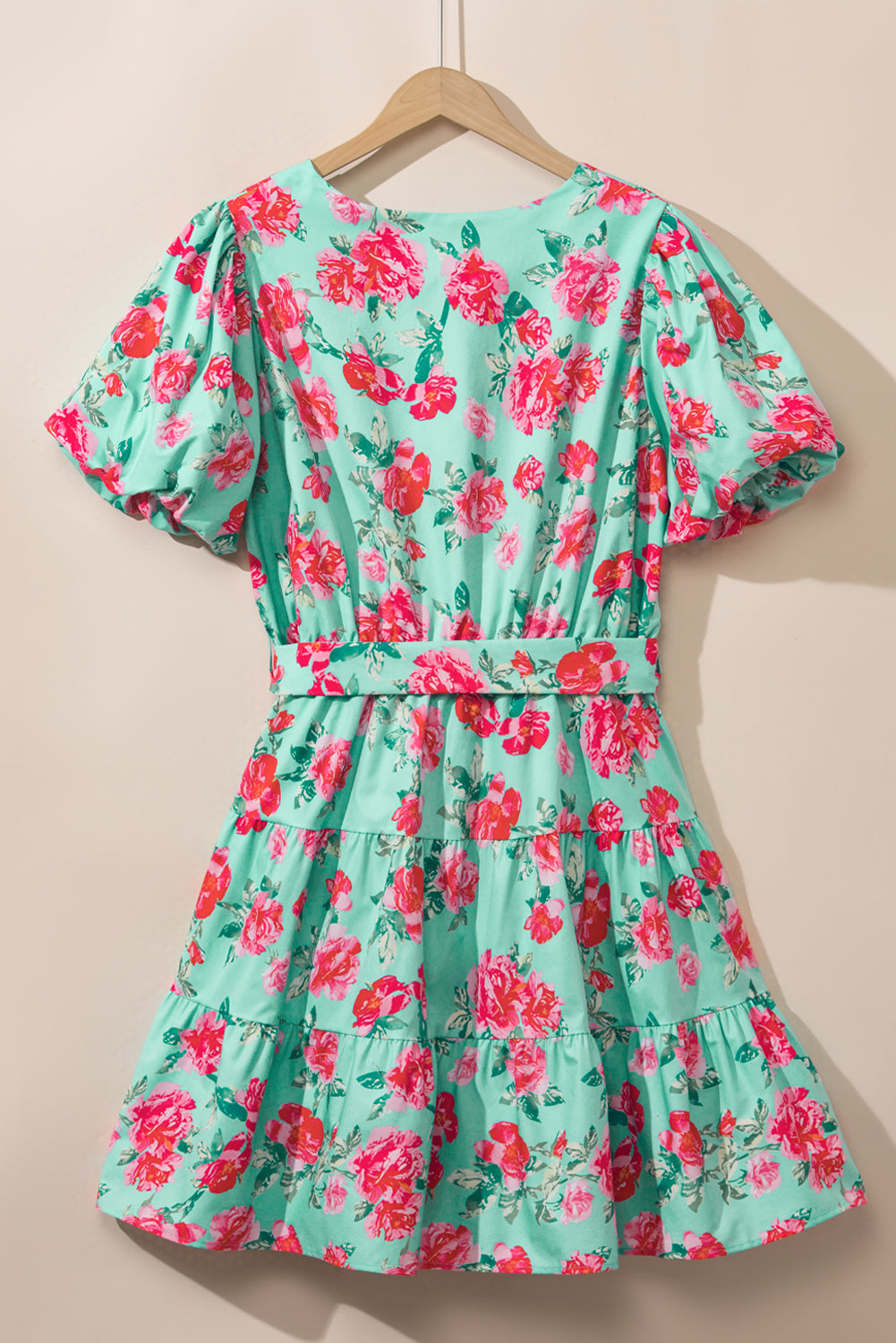 Green Floral Bubble Sleeve Surplice Ruffled Plus Size Dress