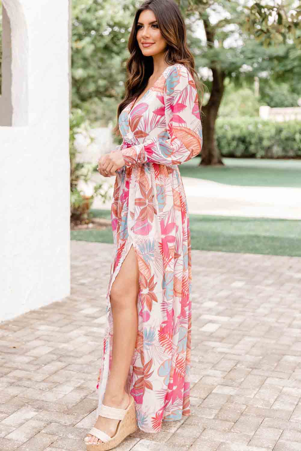 Multicolor Tropical Palm Print Tie High Waist Plus Size Maxi Dress