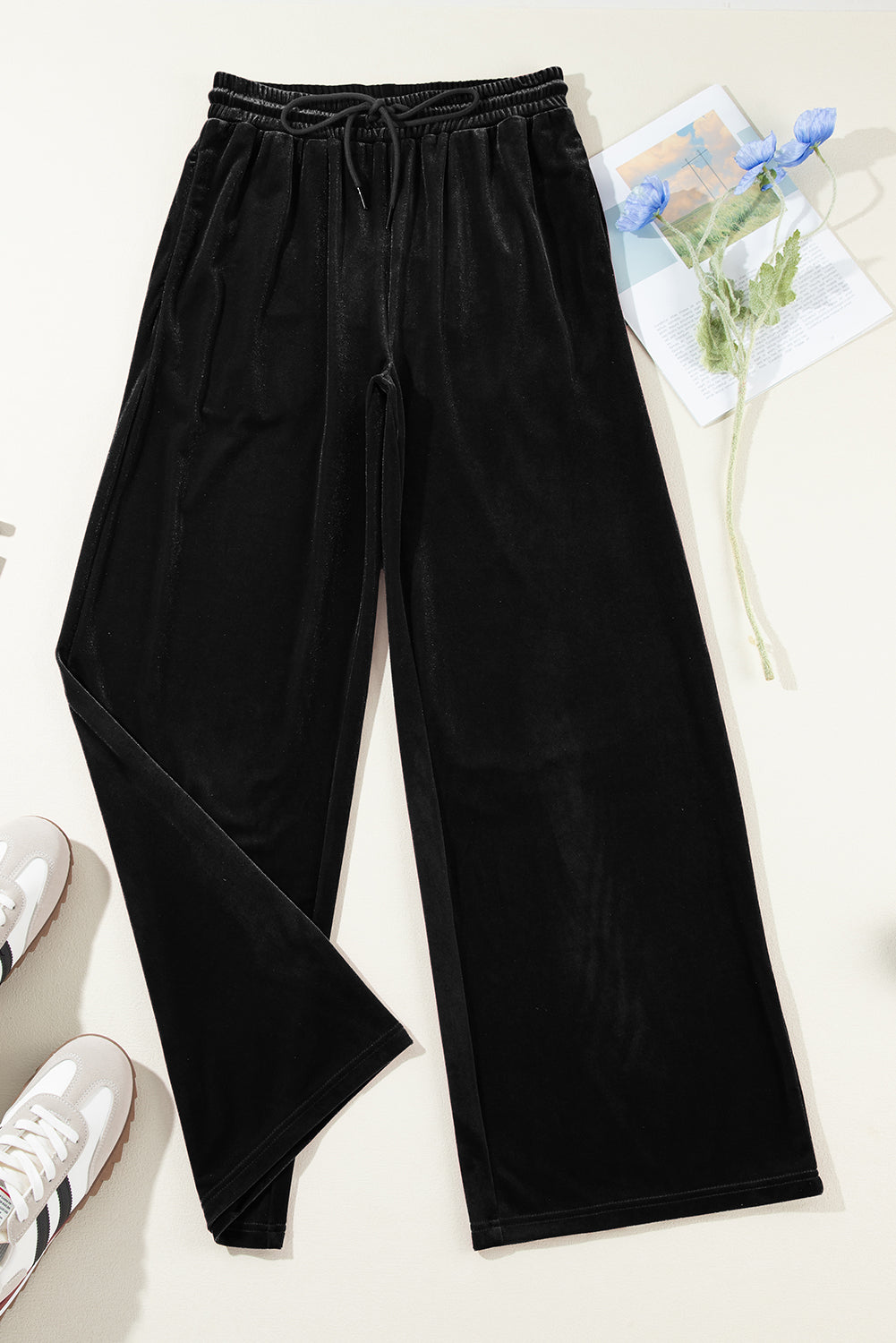 Black Solid Drawstring Waist Wide Leg Pants