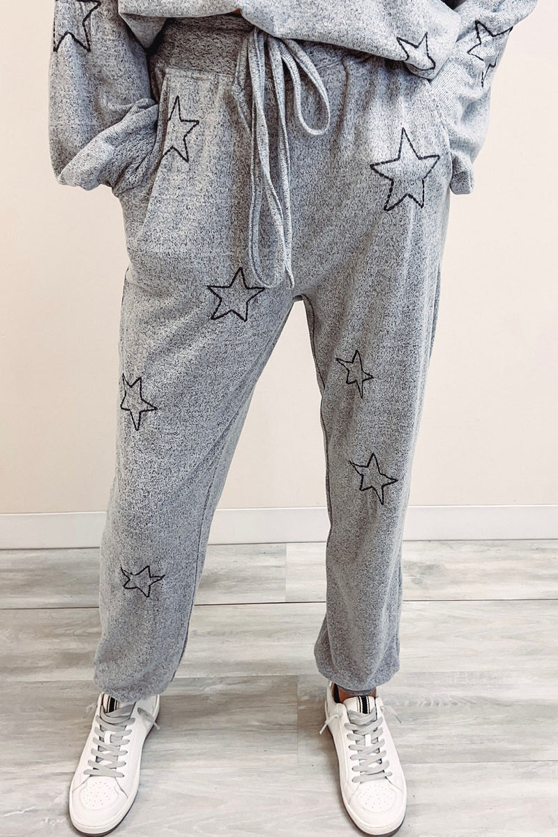 Gray Stars Print Long Sleeve Drawstring High Waist Lounge Set