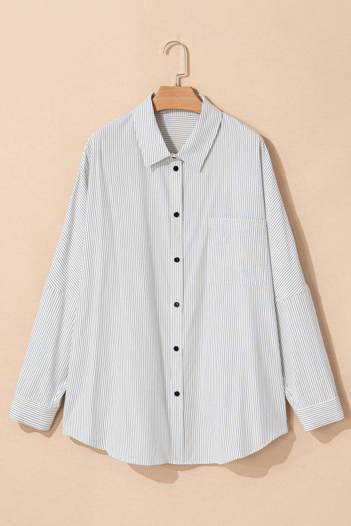 White Stripe Rolled Tab Sleeve Buttoned Plus Size Shirt