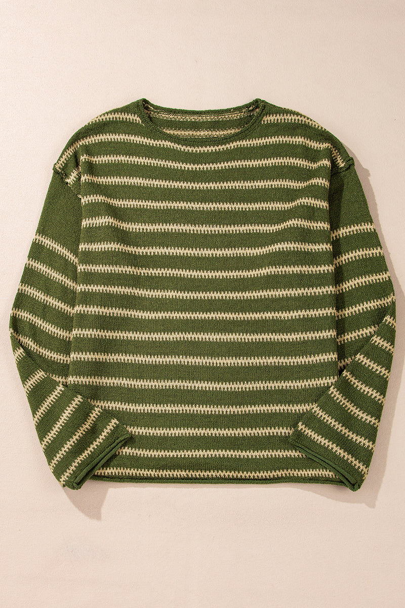 Green Stripe Drop Shoulder Casual Sweater