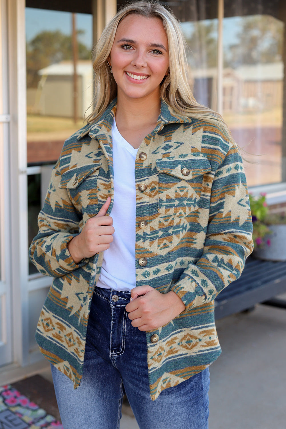 Multicolor Western Aztec Print Button Flap Pocket Shacket