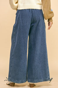 Davi & Dani Drawstring Hem Wide Leg Mid Rise Jeans