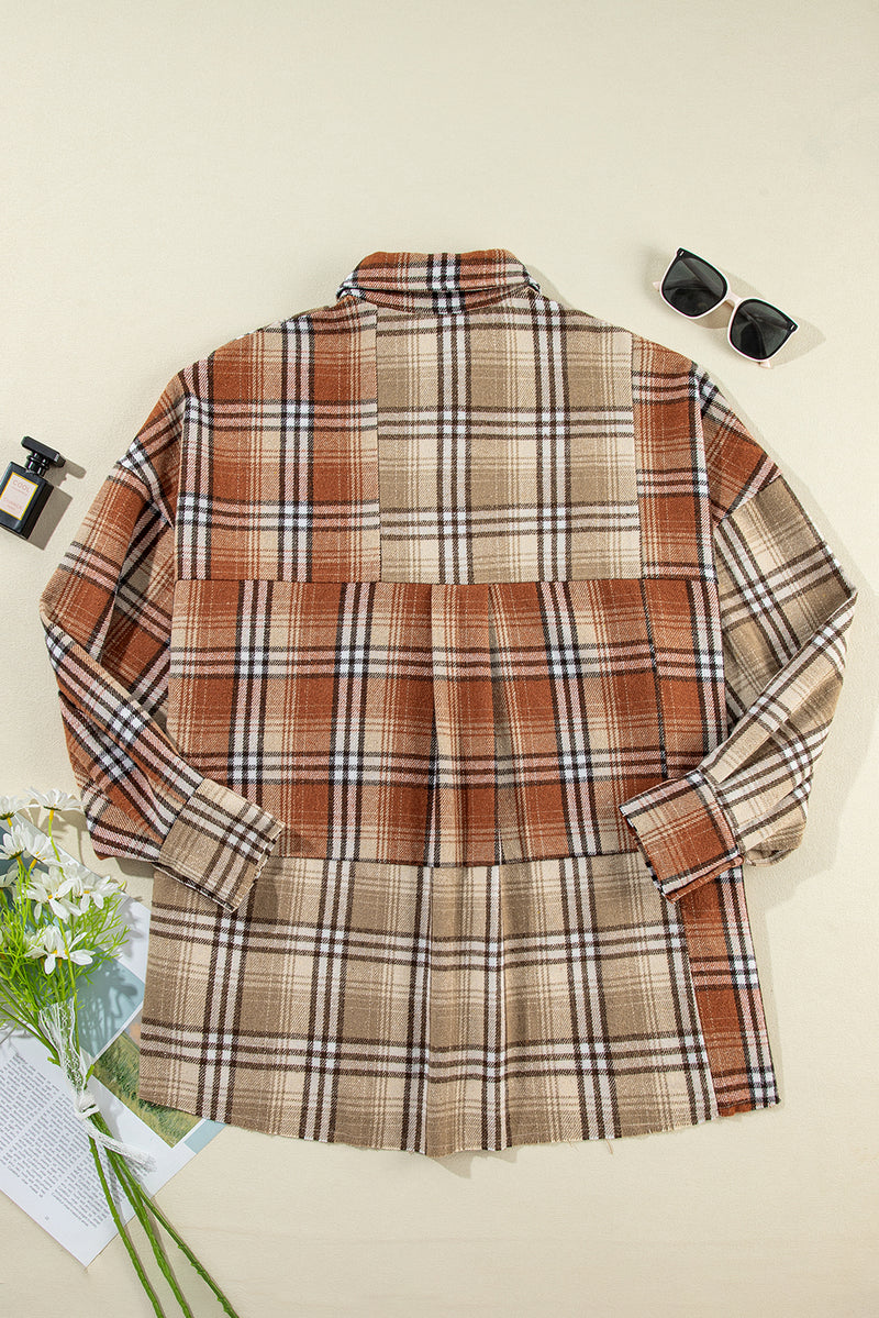 Khaki Plaid Colorblock Patchwork High Low Shacket