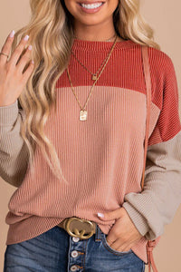 Black Color Block Long Sleeve Ribbed Loose Top