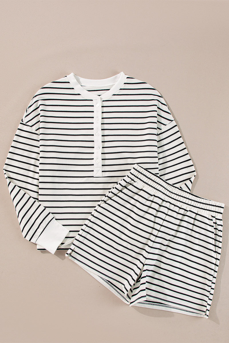 Black white Stripes Printed Half Button Long Sleeve Top and Shorts Set