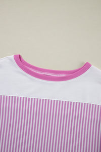 Pink Stripe Patchwork Bracelet Sleeve Plus Size T Shirt